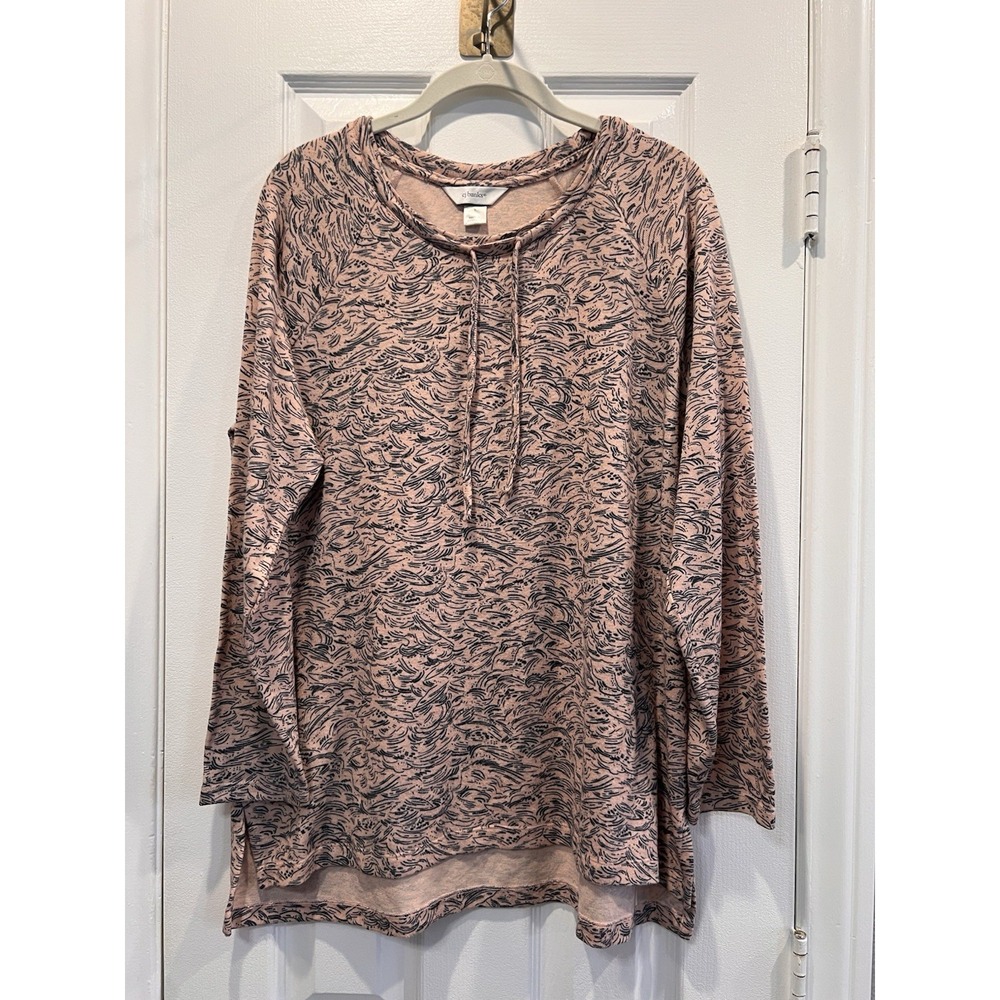 CJ Banks Pink Navy Blue Wave Print Tie Neck Knit Pullover Top Plus Size 1X